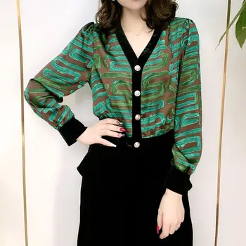 2022, Пролетно-есенна риза с ръчно рисувани и принтом, Ежедневни дамски Дрехи с V-образно деколте, Шик корейски Свободни пуловери в стил мозайка от копчета